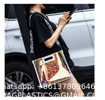 Custom Digital Printing Trendy Transparent PVC Shoulder Handbag Durable Washable Holographic Women'S Tote Shopping Bag