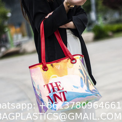 Custom Digital Printing Trendy Transparent PVC Shoulder Handbag Durable Washable Holographic Women'S Tote Shopping Bag