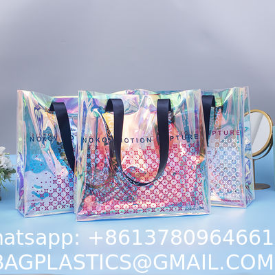Custom Digital Printing Trendy Transparent PVC Shoulder Handbag Durable Washable Holographic Women'S Tote Shopping Bag