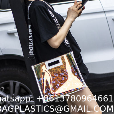 Custom Digital Printing Trendy Transparent PVC Shoulder Handbag Durable Washable Holographic Women'S Tote Shopping Bag