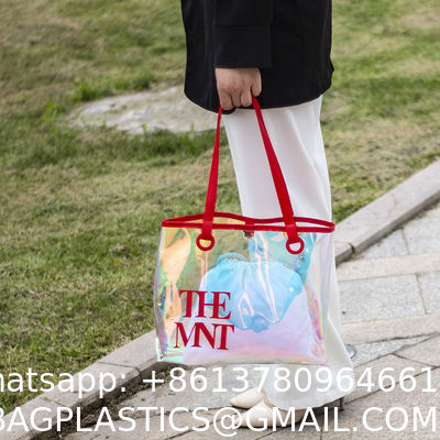 Custom Digital Printing Trendy Transparent PVC Shoulder Handbag Durable Washable Holographic Women'S Tote Shopping Bag