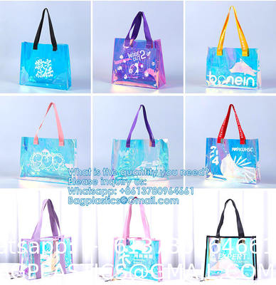 Wholesale Custom Rainbow Color Laser Shopping Bag Holographic Iridescent Jelly Clear PVC Tote Bag Popular Fashion Beach Accept Shiny Reusable Hologram Clear Laser Transparent Pvc Tote Bag