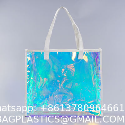 Beach Bag Waterproof Clear Jelly Candy Color Transparent PVC Tote Shopping Bag Custom Logo Pvc Clear Laser Gift Bag For Women Waterproof Transparent Holographic Packaging Summer Beach Pvc Tote