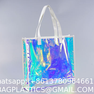 Beach Bag Waterproof Clear Jelly Candy Color Transparent PVC Tote Shopping Bag Custom Logo Pvc Clear Laser Gift Bag For Women Waterproof Transparent Holographic Packaging Summer Beach Pvc Tote