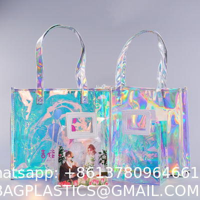 Beach Bag Waterproof Clear Jelly Candy Color Transparent PVC Tote Shopping Bag Custom Logo Pvc Clear Laser Gift Bag For Women Waterproof Transparent Holographic Packaging Summer Beach Pvc Tote