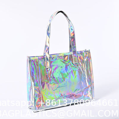 Private Label Professional Large Capacity Quilted Zipper Travel Wholesale Custom Printed LOGO Reusable Fashion Shopping Rainbow-Colored Gift Holographic Glossy Layer PVC Tote Bag