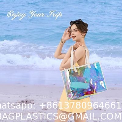 Vinyl beach totes handy bag, handle bag, should bag, Clear bag, Holographic Tote Bags, Iridescent Waterproof Top Handle Bag, Clear Jelly Totes Vocation Party Beach Bag