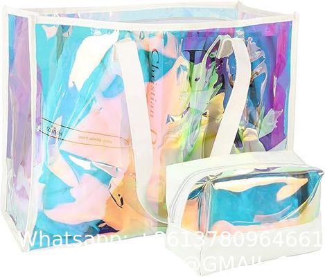 Vinyl beach totes handy bag, handle bag, should bag, Clear bag, Holographic Tote Bags, Iridescent Waterproof Top Handle Bag, Clear Jelly Totes Vocation Party Beach Bag