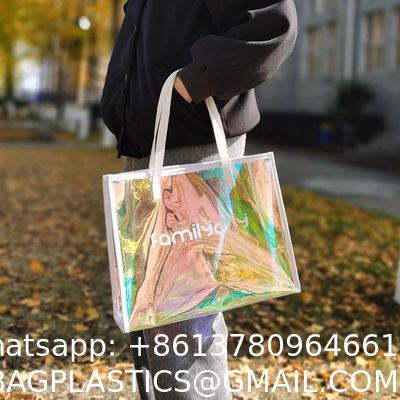 Vinyl beach totes handy bag, handle bag, should bag, Clear bag, Holographic Tote Bags, Iridescent Waterproof Top Handle Bag, Clear Jelly Totes Vocation Party Beach Bag