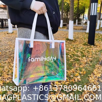 Vinyl beach totes handy bag, handle bag, should bag, Clear bag, Holographic Tote Bags, Iridescent Waterproof Top Handle Bag, Clear Jelly Totes Vocation Party Beach Bag