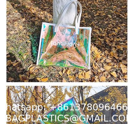 Vinyl beach totes handy bag, handle bag, should bag, Clear bag, Holographic Tote Bags, Iridescent Waterproof Top Handle Bag, Clear Jelly Totes Vocation Party Beach Bag