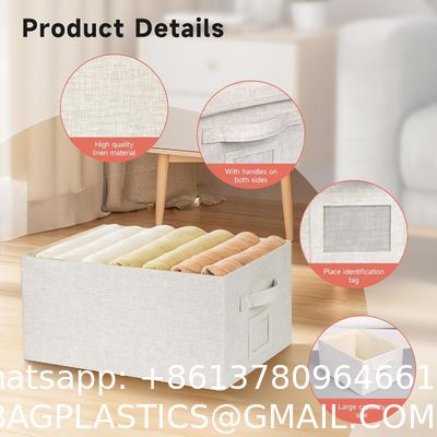 Linen Fabric, Metal Handles Collapsible Stackable Storage Bins With Lids, Packs White Linen Fabric Closet Boxes With Lids, Storage Cube Baskets Container Organizers For Bedroom Office