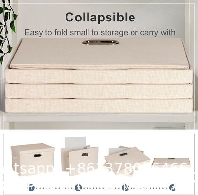 Linen Fabric, Metal Handles Collapsible Stackable Storage Bins With Lids, Packs White Linen Fabric Closet Boxes With Lids, Storage Cube Baskets Container Organizers For Bedroom Office