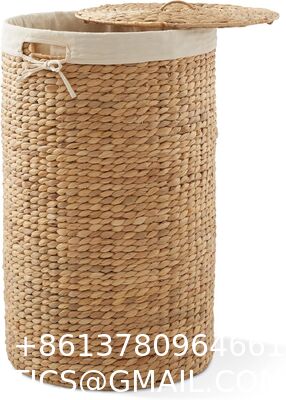 Round Laundry Hamper With Lid And Removable Liner Bag - Natural, Woven Water Hyacinth Wicker Laundry Basket For Clothes And Towels