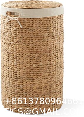 Round Laundry Hamper With Lid And Removable Liner Bag - Natural, Woven Water Hyacinth Wicker Laundry Basket For Clothes And Towels