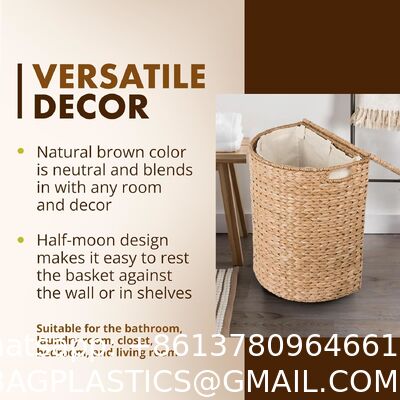 Wicker Waste Basket - Water Hyacinth Bathroom Garbage Can With A Lid - Bathroom Trash Can Boho Style - Wicker Trash Can With Lid For Household, Kitchen - Removable Liner, Iron Frame