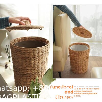 Wicker Waste Basket - Water Hyacinth Bathroom Garbage Can With A Lid - Bathroom Trash Can Boho Style - Wicker Trash Can With Lid For Household, Kitchen - Removable Liner, Iron Frame