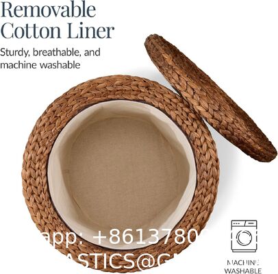 Tall Water Hyacinth Wicker Basket with Handles | Natural, Brown, Natural Bathroom Trash Can Boho Style - Wicker Trash Can With Lid For Household, Kitchen - Removable Liner, Iron Frame