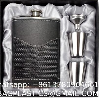 Stainless Steel Flask Set W/Funnel Shot Glasses Lovely Gift For Whiskey Rum Groomsman Best Man Usher Wedding Camping-Leather Stripe Black8oz
